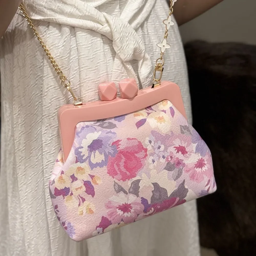 Floral Print Cowhide Leather Handmade Acrylic Frame Clutch Bag, 3 Straps Style